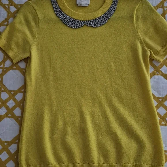 Kate Spade Golden Yellow Short Sleeve Sweater Jeweled "Collar" Sz. Small - Picture 7 of 8